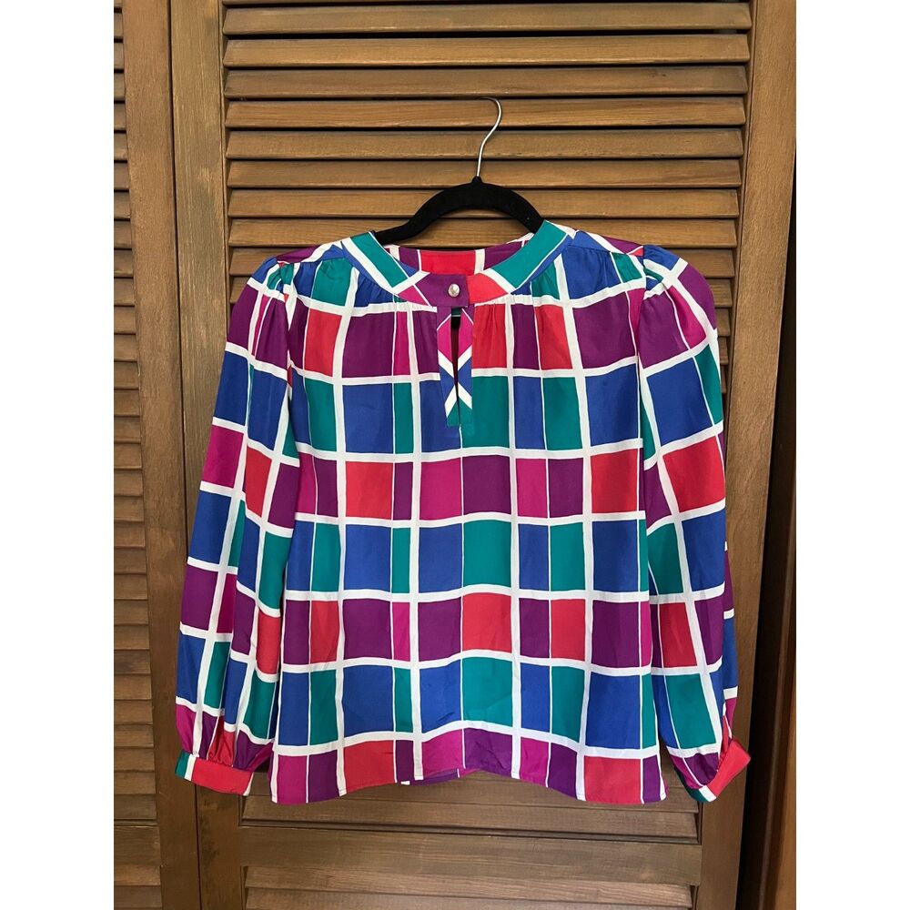 Vintage Liz Claiborne Petites Plaid Grid Colorful 1980s 1990s Blouse Size 2